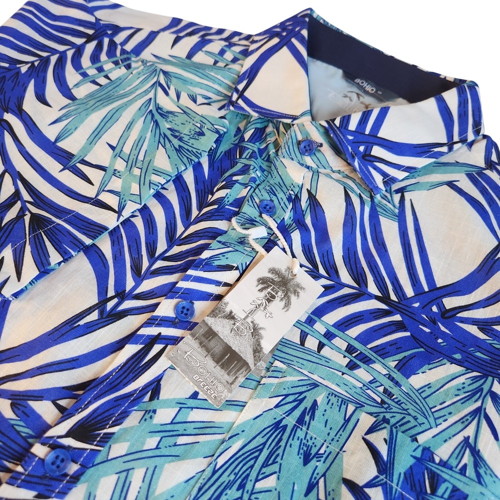 SOHO Blue Tropical Print Men’s Casual Button-Down Shirt